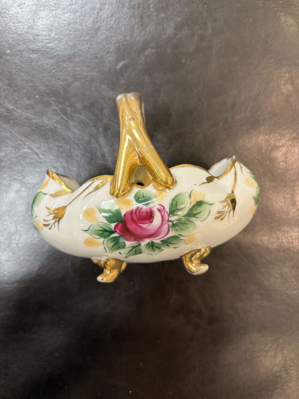 Porcelain. Japan. Beckwith. Candy Basket. Purple Rose with Gold Accents. Gold Footed.