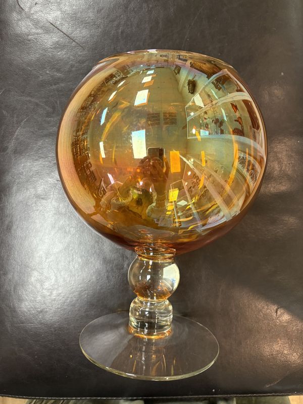 Glass. USA. Carnival Glass. Ball Vase. Marigold Body, Clear Stem &amp; Base. 11&quot;H