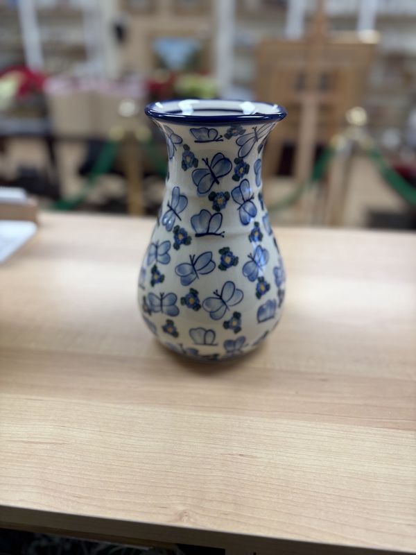 Polish Pottery. Poland. Unikat. Wide-base Vase with Blue Butterflies. 8.5&quot;H