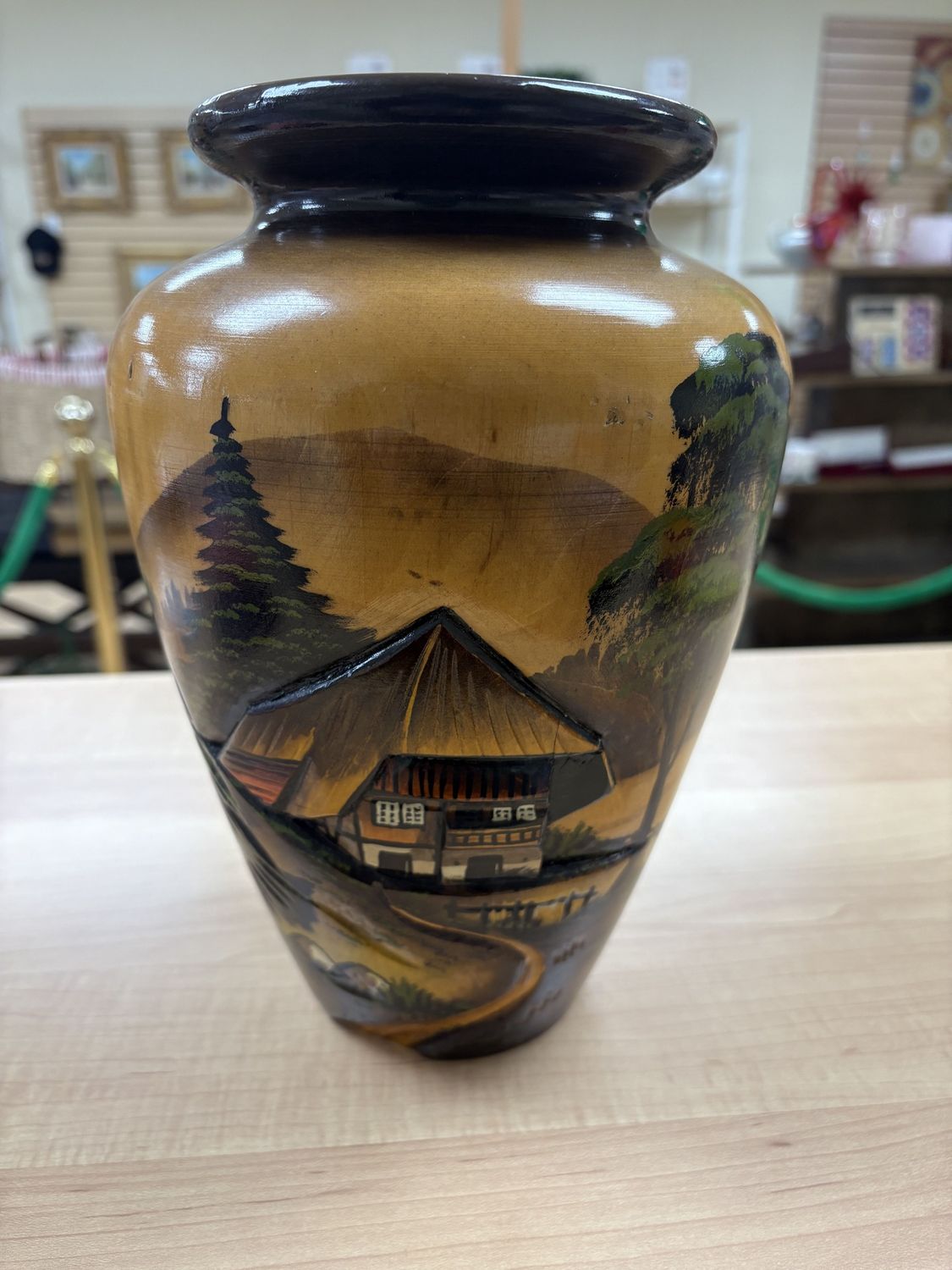Wood. Germany. Vase. Hand-carved &amp; Hand-painted w/German Chalet &amp; Mountains. &quot;Black Forest&quot;. 11&quot;H