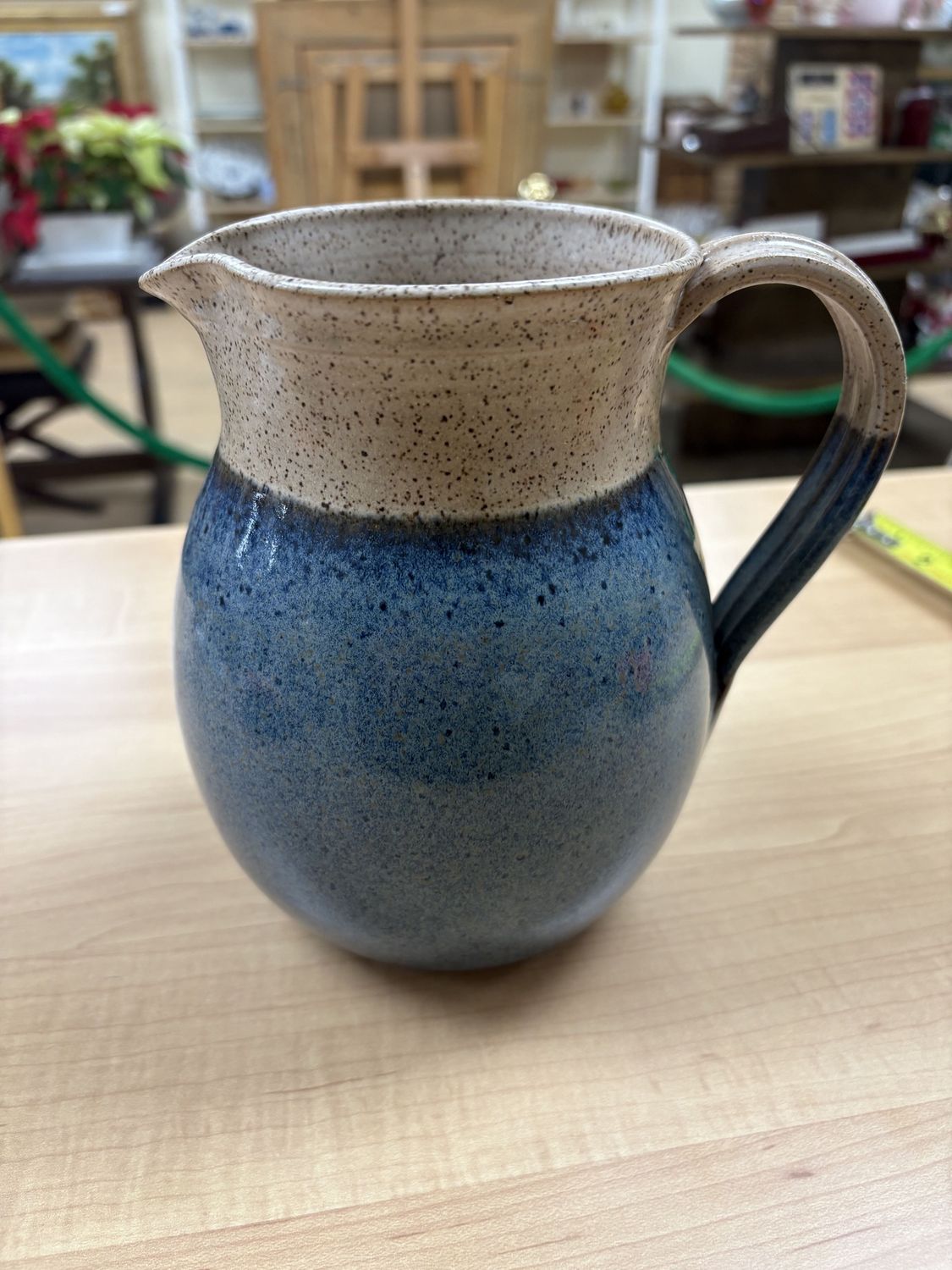 Pottery. USA. Wheeler Ceramics. Pitcher. Blue Base w/Beige Top and Speckles. 7&quot;H