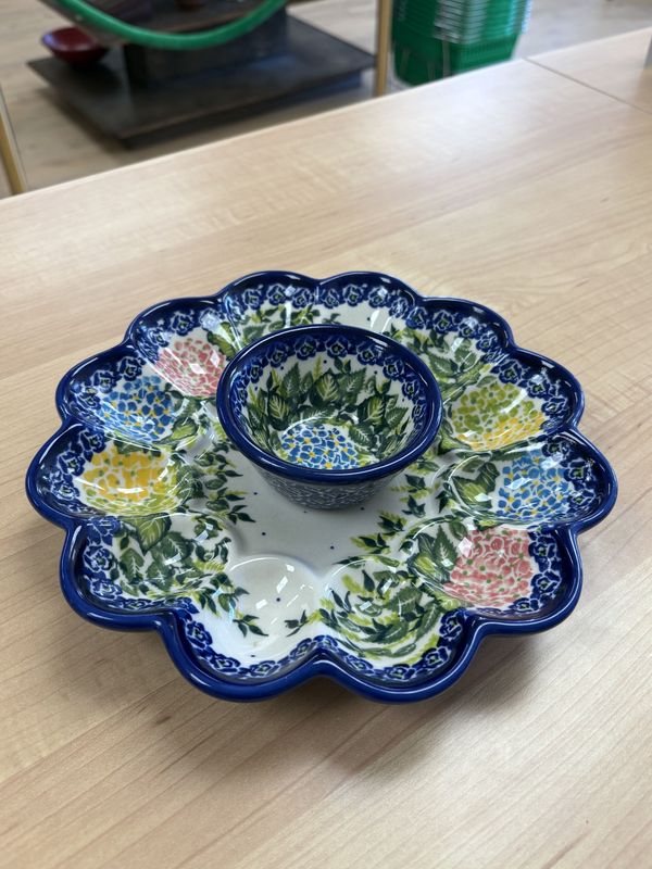 Polish Pottery. Poland. Egg Dish. Wild Hydrangea with Flowers.