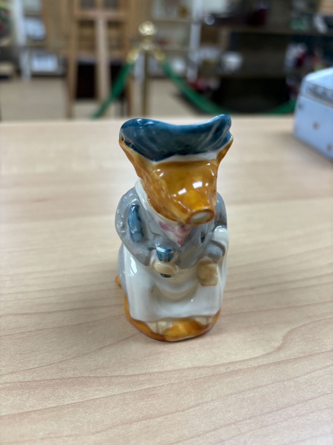 Ceramic. Japan. Miniature Creamer. Pig Wearing Gray Dress &amp; Turquoise Hat (1940s). 3&quot;H