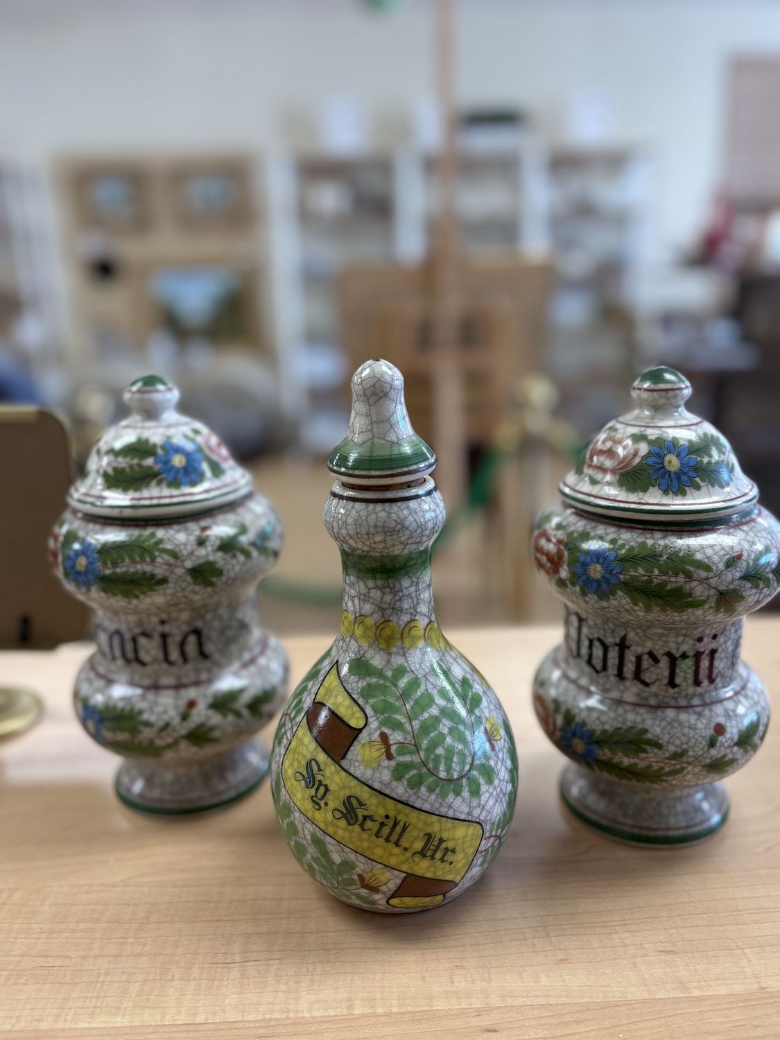 Kitchen Misc. Germany. Apothecary Jars (3) w/Lids, Vintage. Marble. Gray w/Painted Flowers. 9.5&quot;H
