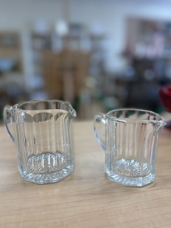 Glass. USA. Indiana Glass. Creamer. Paneled Sides with Peerless Colonial Clear Pattern. Set of 2.