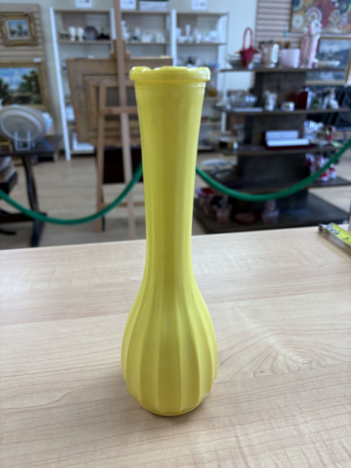 Glass. USA. Vintage Vase. Yellow over White Milk Glass. Ribbed w/Tapered Top. 8.75&quot;H
