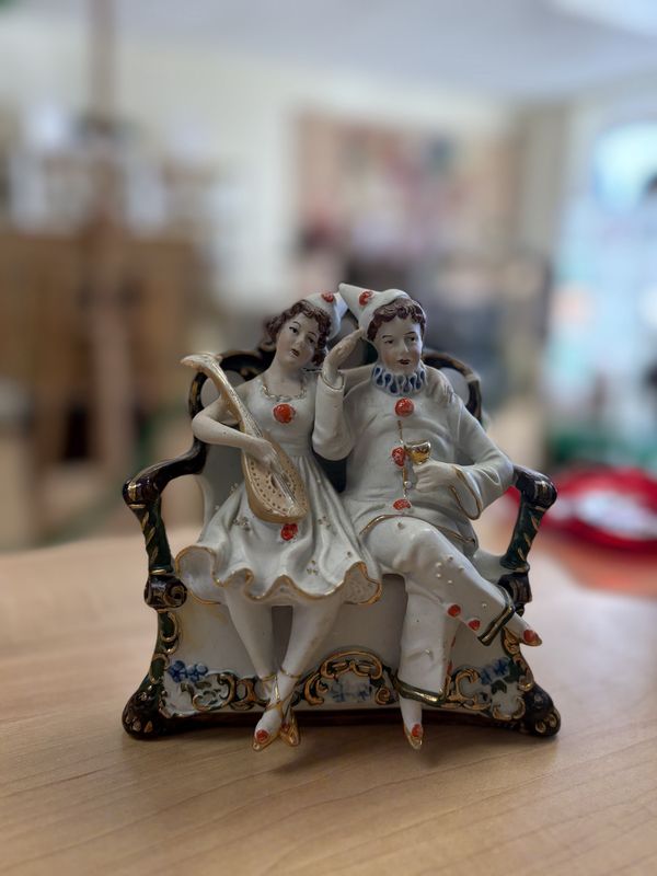 Figurine. Germany. WKC Graefenthal. Party People on Chair. Festive with Gold Detailing.