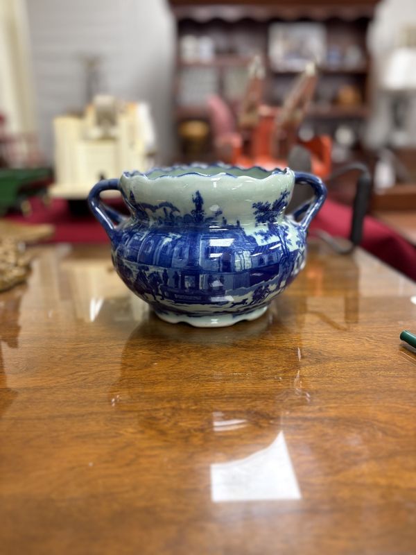 Ceramic. England.  Victoria Ware. Vintage Ironstone Blue &amp; Teal Planter w/Handles. 9&quot;W