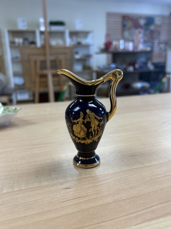 Porcelain. France. Limoges. Miniature Pitcher. Blue &amp; Gold.