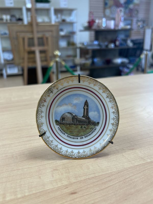 Porcelain. France.  Limoges. Douaumont Memorial Mini Plate w/Stand. 3.5&quot;W