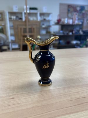 Porcelain. France. Limoges. Miniature Pitcher. Blue &amp; Gold.