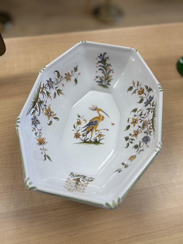 Porcelain. France.  Mousteirs. Octagonal Serving Bowl. White Glaze with Flowers and Bird Motif.