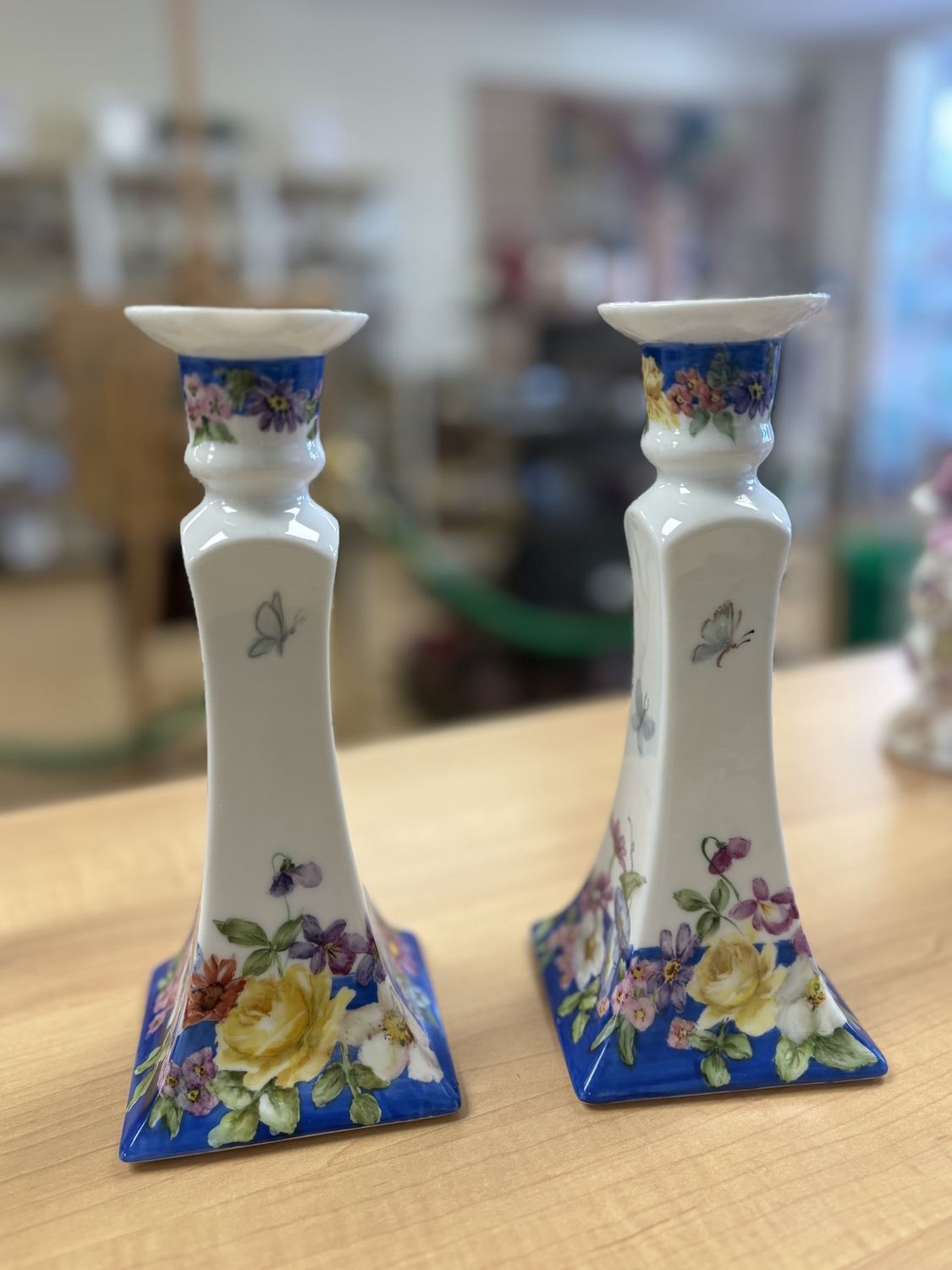 Porcelain. France. Herlene. Candlestick. Set of 2. Flowers w/Butterflies. Blue Trim. 8.5&#39;&#39;H