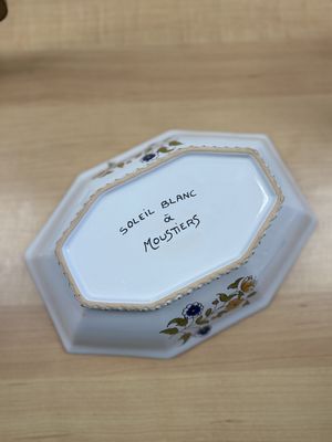 Porcelain. France.  Mousteirs. Octagonal Serving Bowl. White Glaze with Flowers and Bird Motif.