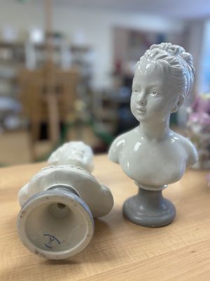 Sculpture. France.  Kessler. Antique French Ceramic Busts (Boy and Girl). D'Apres Houdon (Set of 2). 9"H