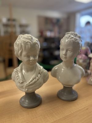 Sculpture. France.  Kessler. Antique French Ceramic Busts (Boy and Girl). D'Apres Houdon (Set of 2). 9"H