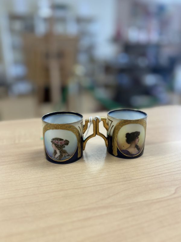 Porcelain. Austria. Royal Vienna. Antique Demitasse Cup with Handle (Set of 2). Circa 1800s. Cobalt Blue with Gold Trim. 2&quot;H