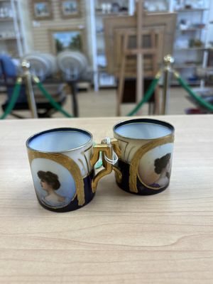 Porcelain. Austria. Royal Vienna. Antique Demitasse Cup with Handle (Set of 2). Circa 1800s. Cobalt Blue with Gold Trim. 2"H
