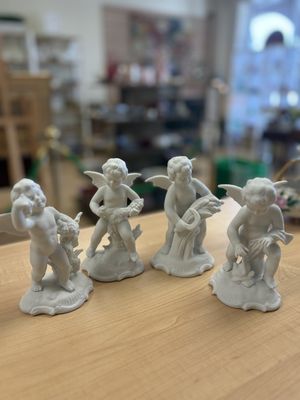 Figurine. Germany. Dresden. Set of 4 White Bisque Porcelain Angels. Each ~5.75"H x 5.25"W