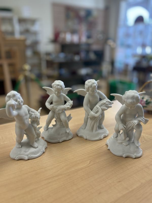 Figurine. Germany. Dresden. Set of 4 White Bisque Porcelain Angels. Each ~5.75&quot;H x 5.25&quot;W