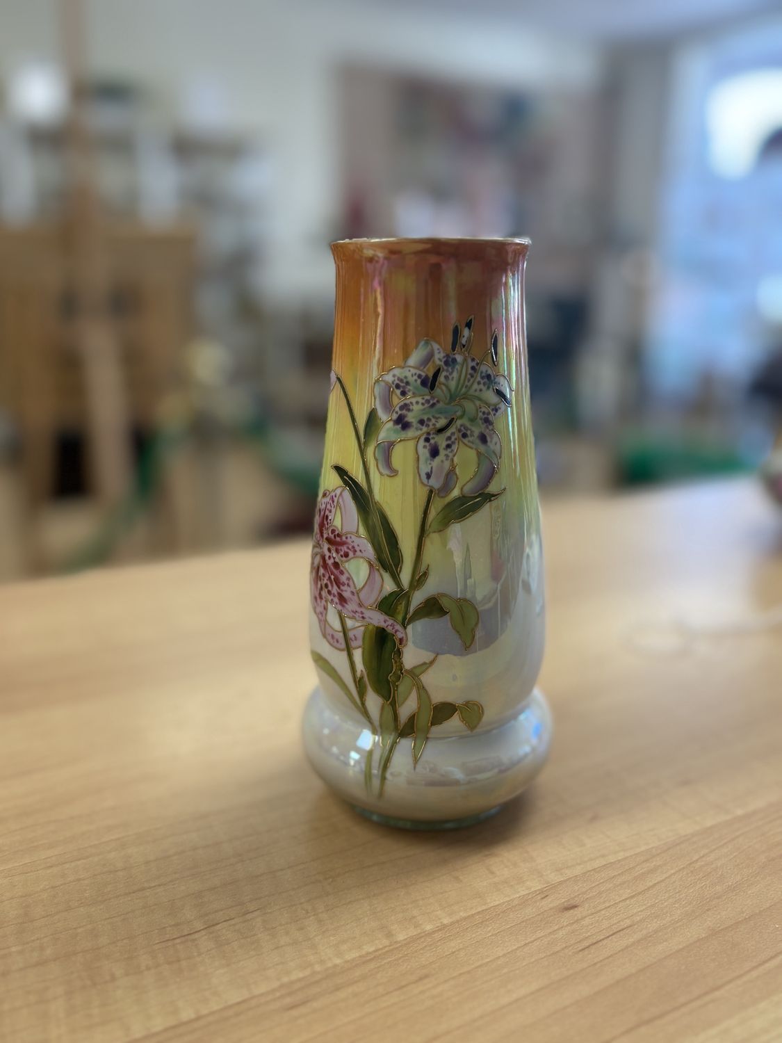 Porcelain. Germany. Iris. Iridescent Vase with Iris Floral Design. 1963. 7.5&quot;H