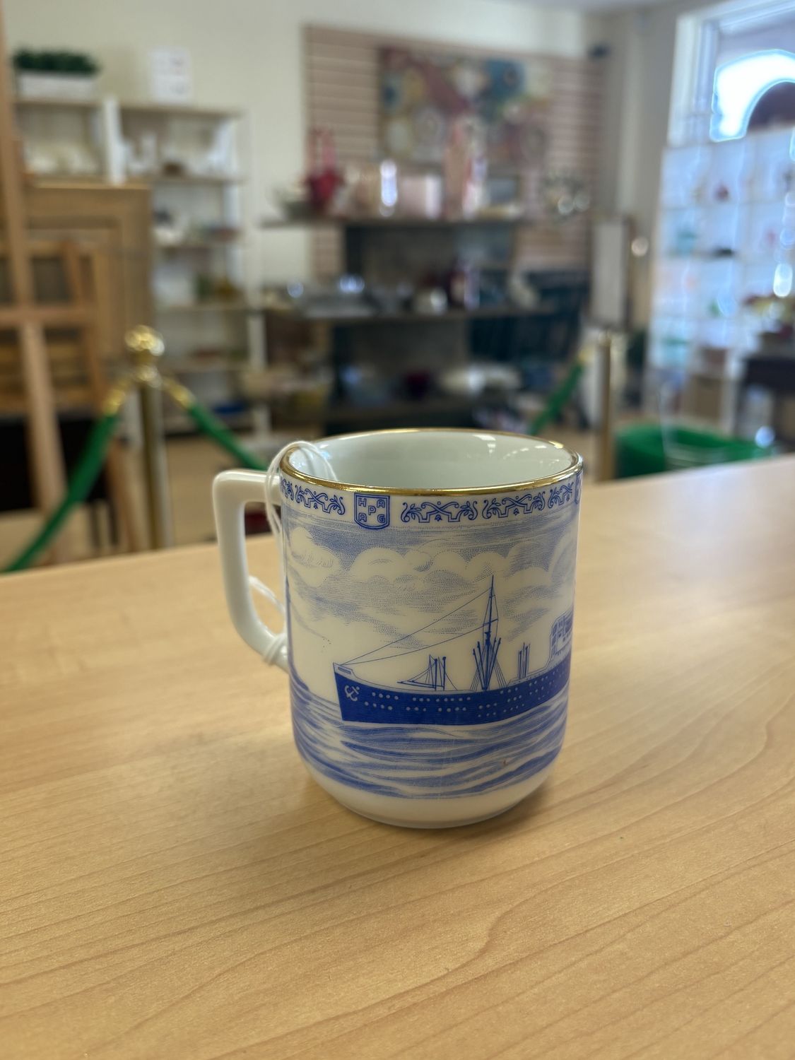 Porcelain. Germany. Hutschenreuther. Small Blue &amp; White Mug w/Gold Trim. Steamship Image. 3.25&quot;H
