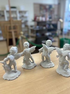 Figurine. Germany. Dresden. Set of 4 White Bisque Porcelain Angels. Each ~5.75"H x 5.25"W