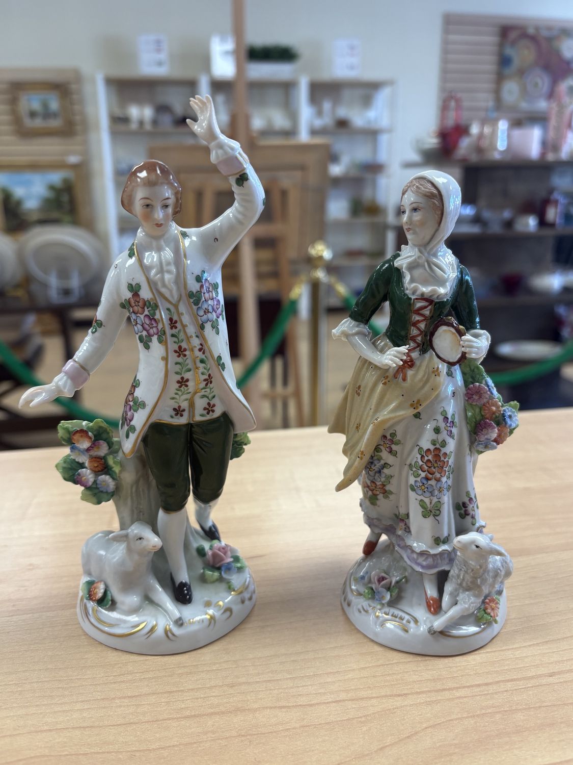 Porcelain. Germany. Sitzendorf.  Pair of Early 20th Century Figurines of Man &amp; Woman Dancing Among Sheep. ~7&quot;H