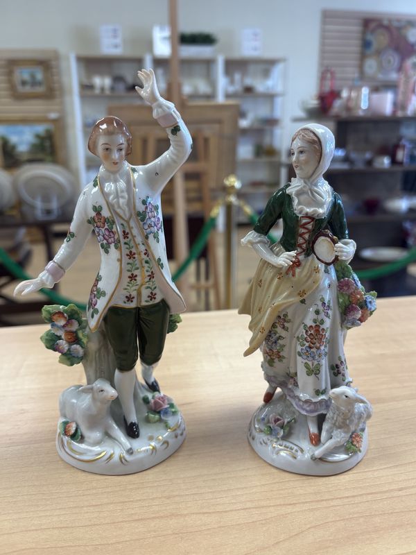 Porcelain. Germany. Sitzendorf.  Pair of Early 20th Century Figurines of Man &amp; Woman Dancing Among Sheep. ~7&quot;H