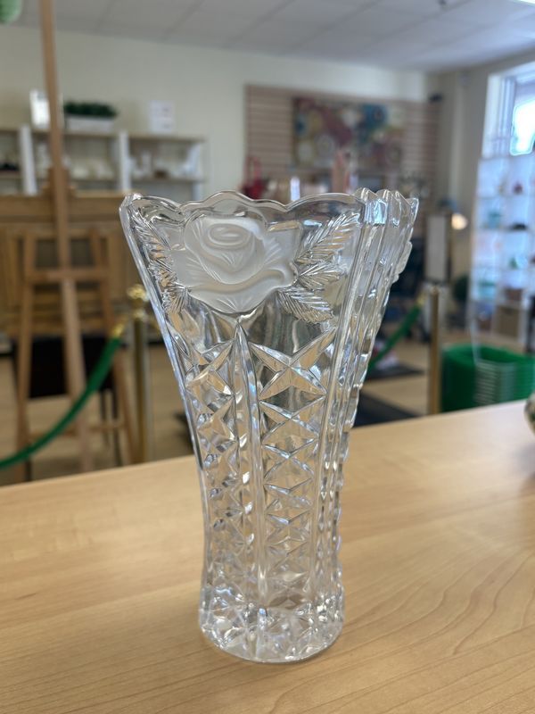 Crystal. Germany. Anna Hutte. Vase. Clear w/Etched Rose Pattern. 7.75&quot;H