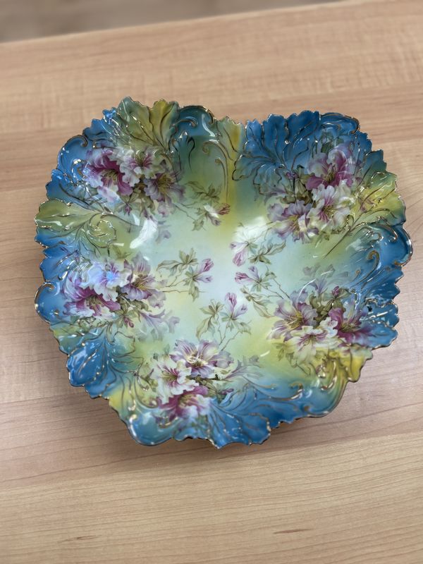 Porcelain. Germany. Heart-shaped Dish w/Scalloped Edge. Teal, Yellow, &amp; Gold, Painted w/Pink Lilies.  10.5"W