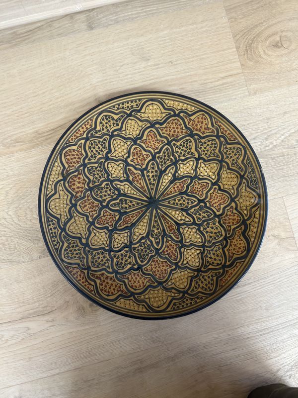 Porcelain. Spain. Plate. Brown w/ Black, Red, and White Details. 14.5&#39;&#39;L.