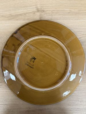 Porcelain. Spain. Plate. Brown w/ Black, Red, and White Details. 14.5''L.