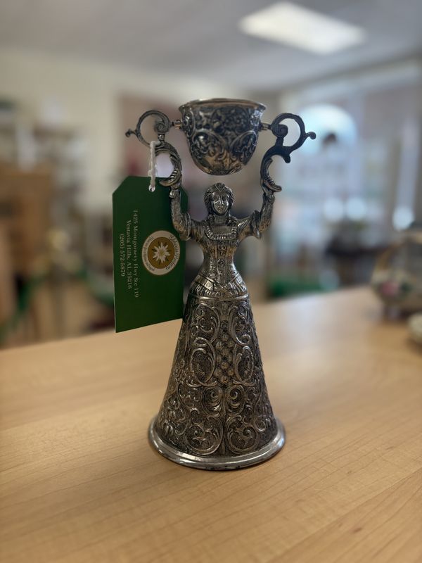 Silver-plated. Germany. Woman Hoisting a Wedding Cup. 8.25&quot;H