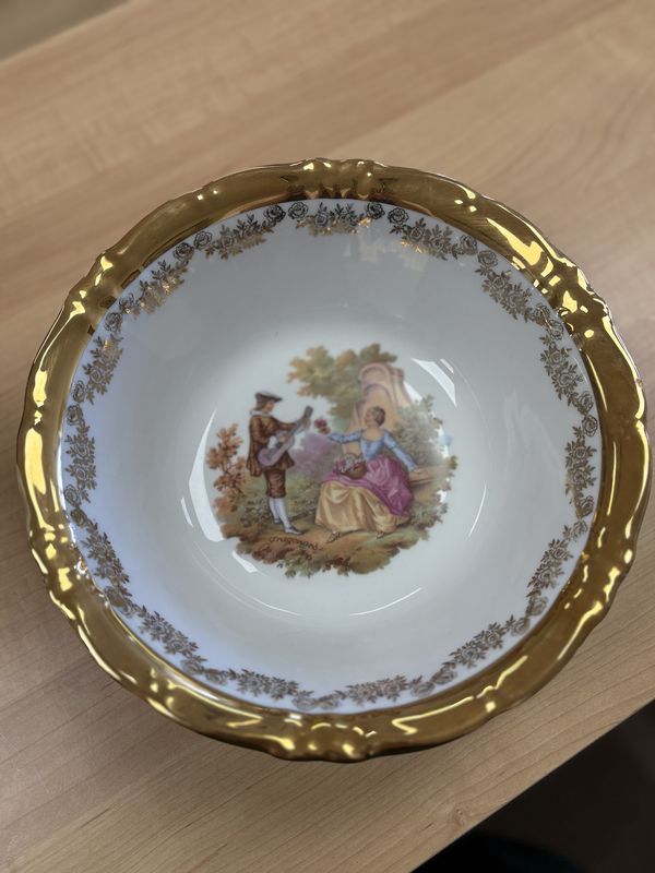 Porcelain. Germany. Bavaria. Bowl. Courting Couple. 22K Gold Trim.