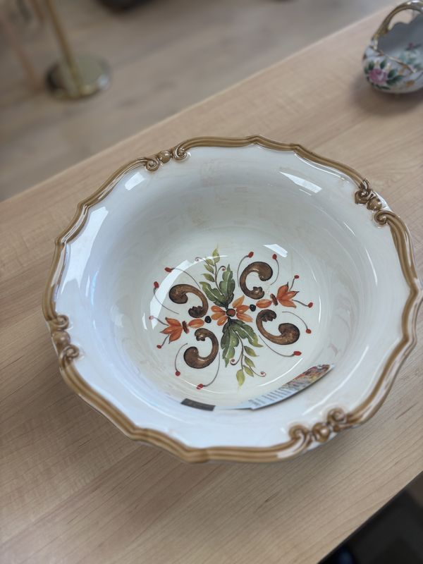 Ceramic. Italy. Cuore. Italian Large Bowl. Beige, Orange, &amp; Green