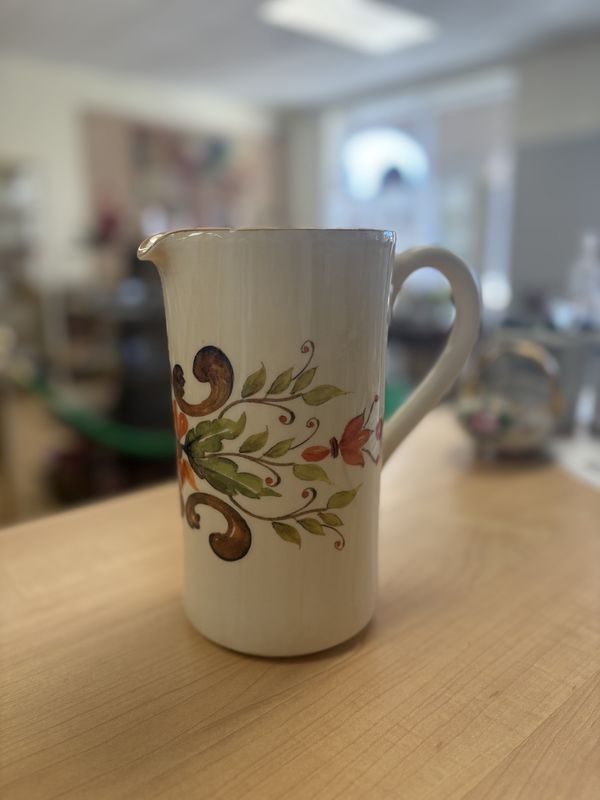 Ceramic. Italy. Cuore. Italian Medium Hand-Painted Pitcher. Beige, Orange, &amp; Green