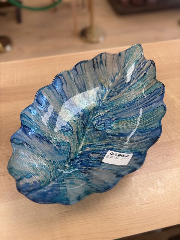 Glass. Italy. Large Leaf-like Decorative Italian Dish. Blue and Turquoise. 16.25&quot;W