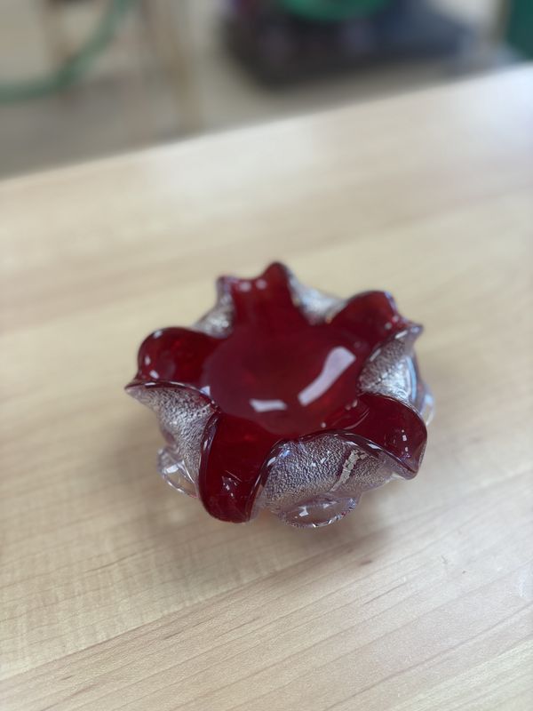 Glass. Italy. Murano Art Glass Starfish-shaped Bowl. Red with Silver Exterior. 5.25&quot;W.
