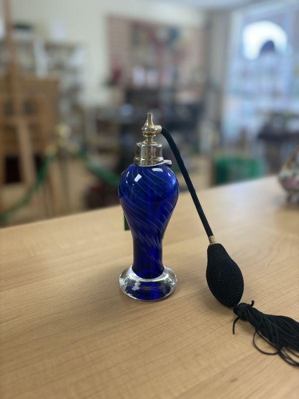 Glass. Italy. Italian Iridescent Royal Blue Perfume Atomizer. 7&quot;H