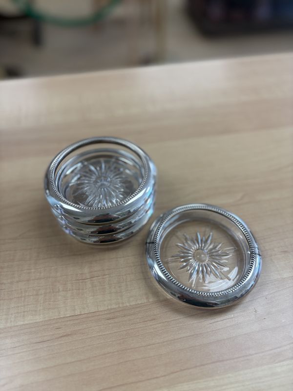 Silver. Italy. Vintage Leonard silverplate glass starbust coasters (set of 4). Made in Italy. 4&quot;W