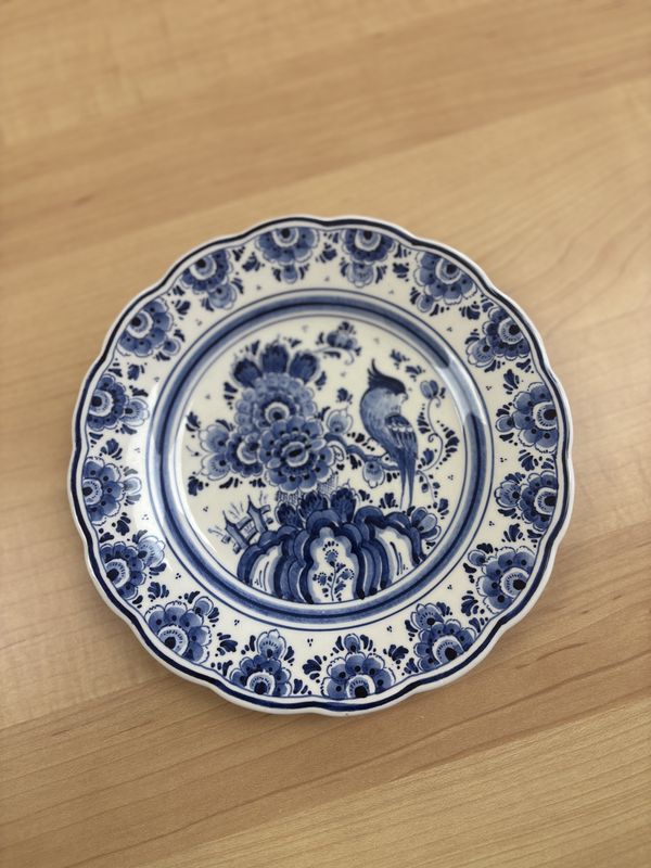 Ceramic. Belgium. Boch. Large Vintage Delft Blue &amp; Pale Green Decorative Wall Plate w/Hanger. 15.5&quot;W