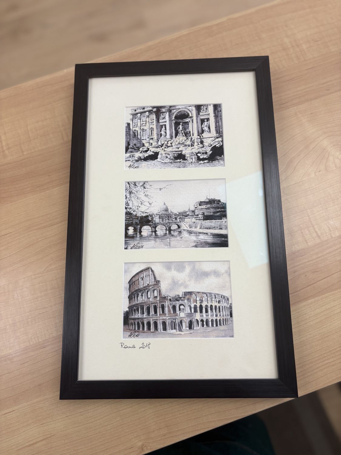 Artwork (Print). Italy. Black Triple Frame of Rome Landmarks