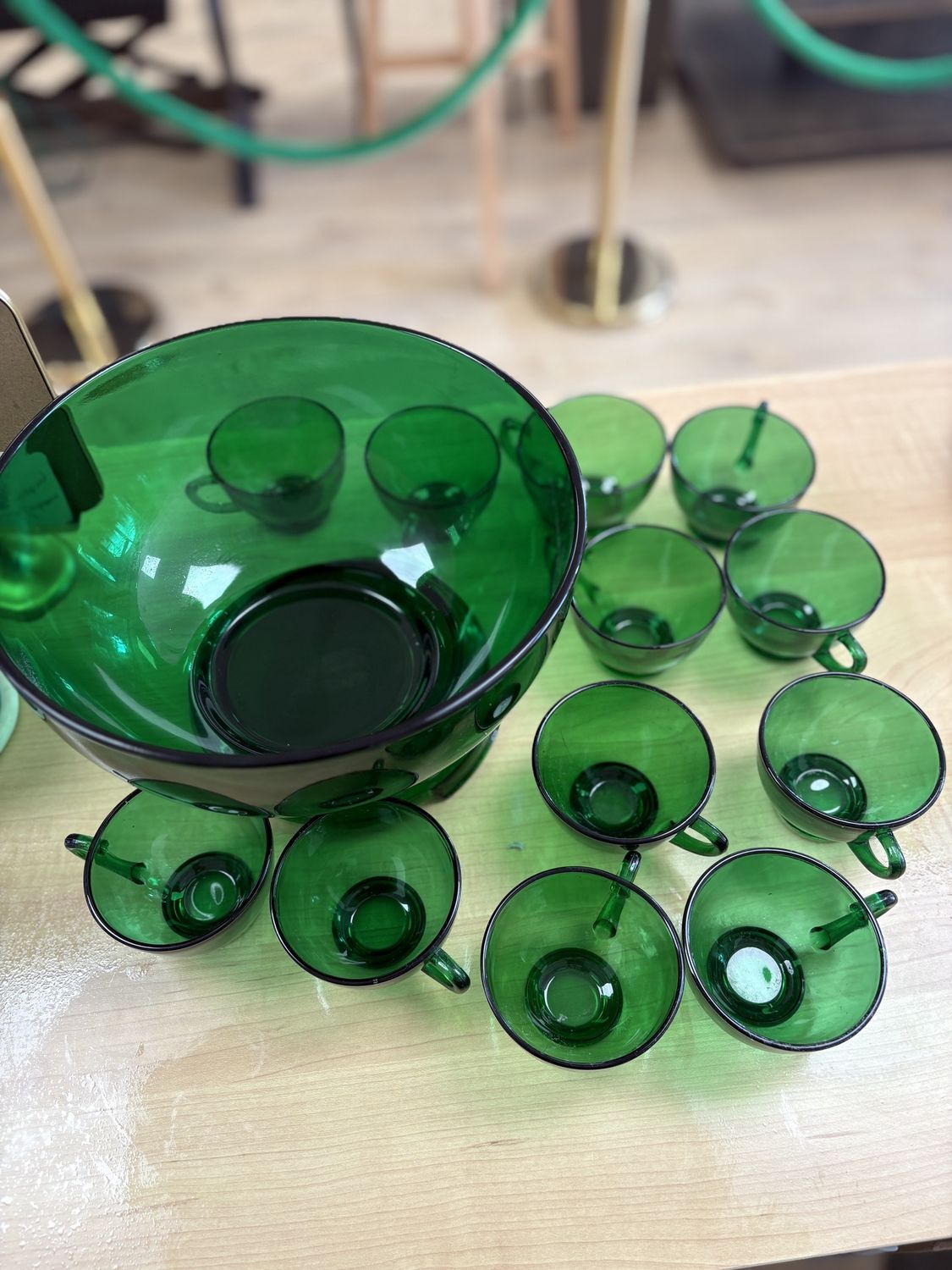Glass. USA. Green Punch Bowl with Base &amp; 12 Cups. Made in 1950s.