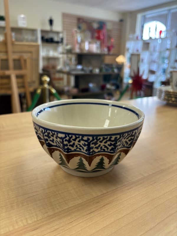 Polish Pottery. Poland. Boleslaweic. Bowl. Christmas Tree Pattern with Blue Band.