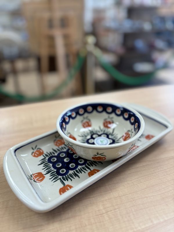Polish Pottery. Poland. Tray with Bowl. Poland. 2 pcs. &quot;Pumpkin Design Autumn Pumpkin Patch&quot;. Bloeslawiec.