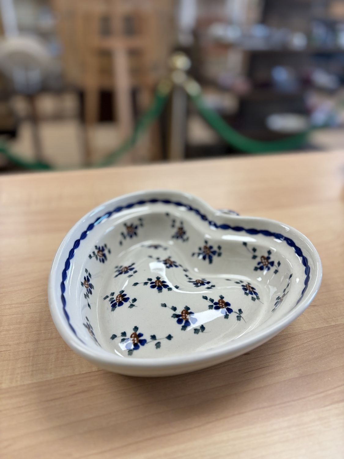 Polish Pottery. Poland. Heart-shaped Bowl. Off-white w/Blue &amp; Brown Flowers. 8&quot;W