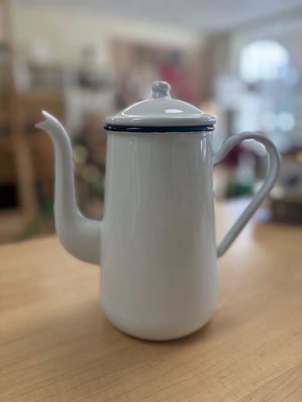 Kitchen Misc. Vintage Enamelware Coffee Pot w/Strainer &amp; Lid. 1950s. White w/Black Trim. 9.5&quot;H
