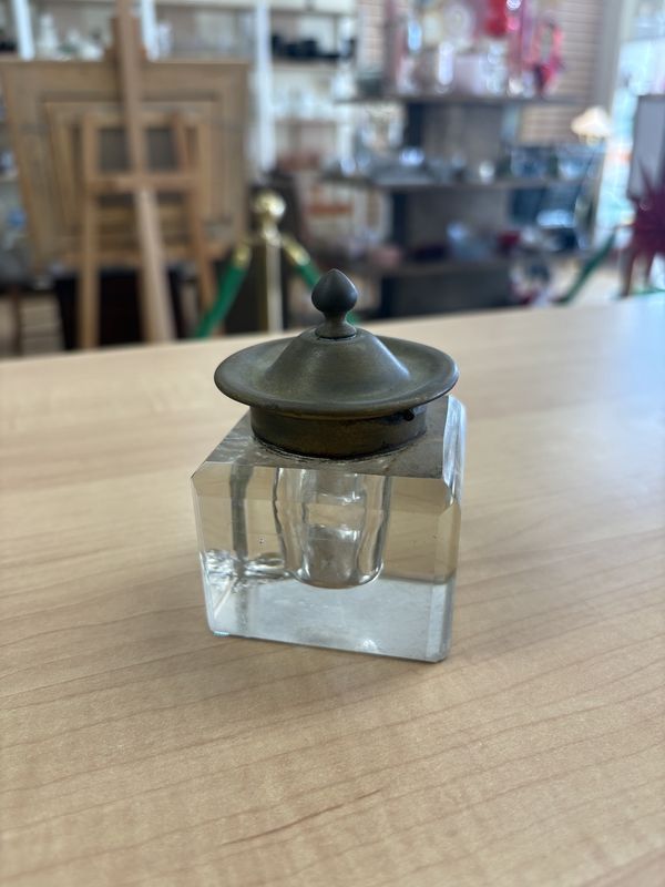 Accessories. Antique Glass Inkwell with Brass Lid. 3.25&quot;H