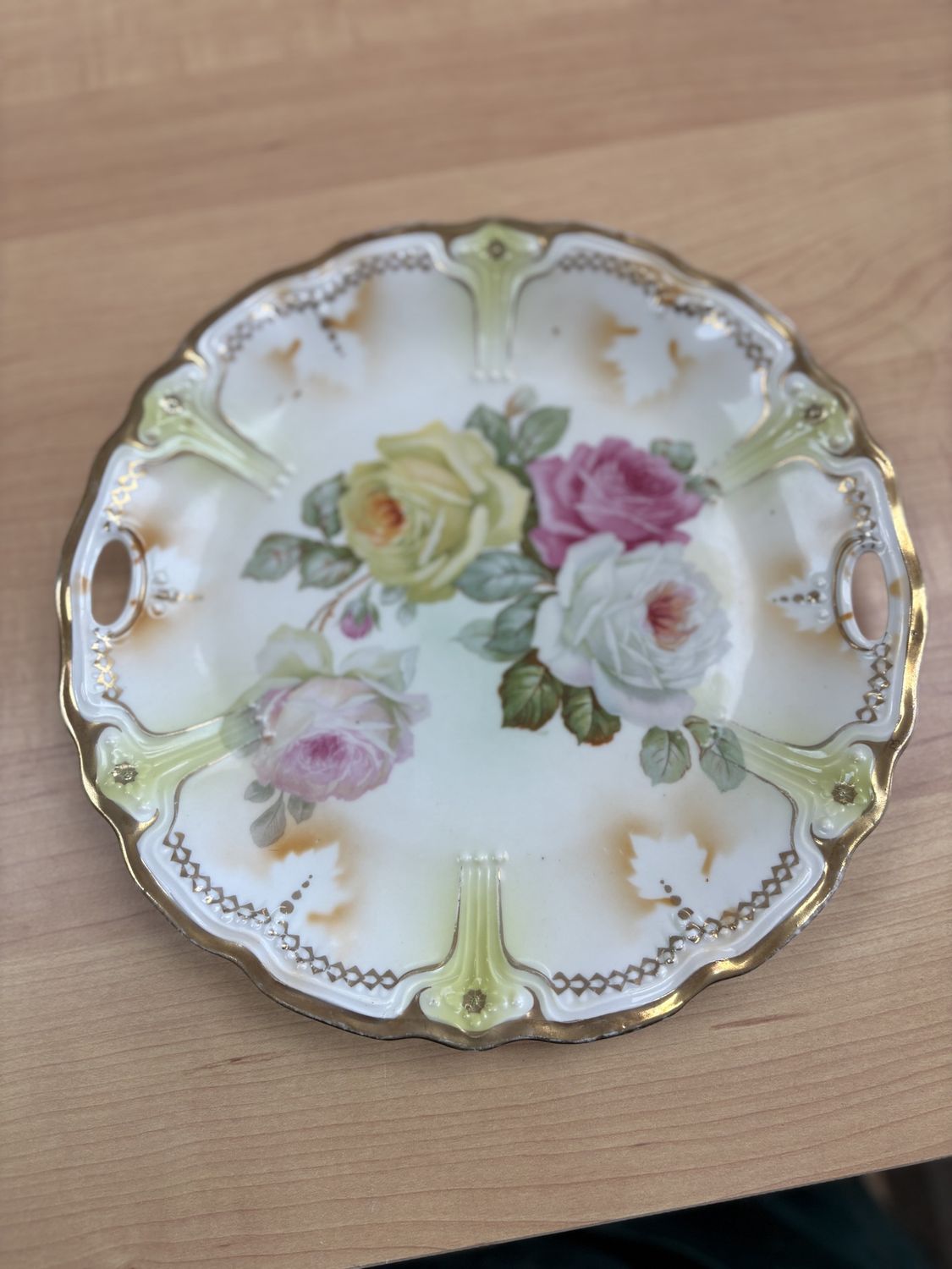 Porcelain. Germany. Serving Dish. Ruffled Trim with Gold. Pink Yellow and blue Flowers.